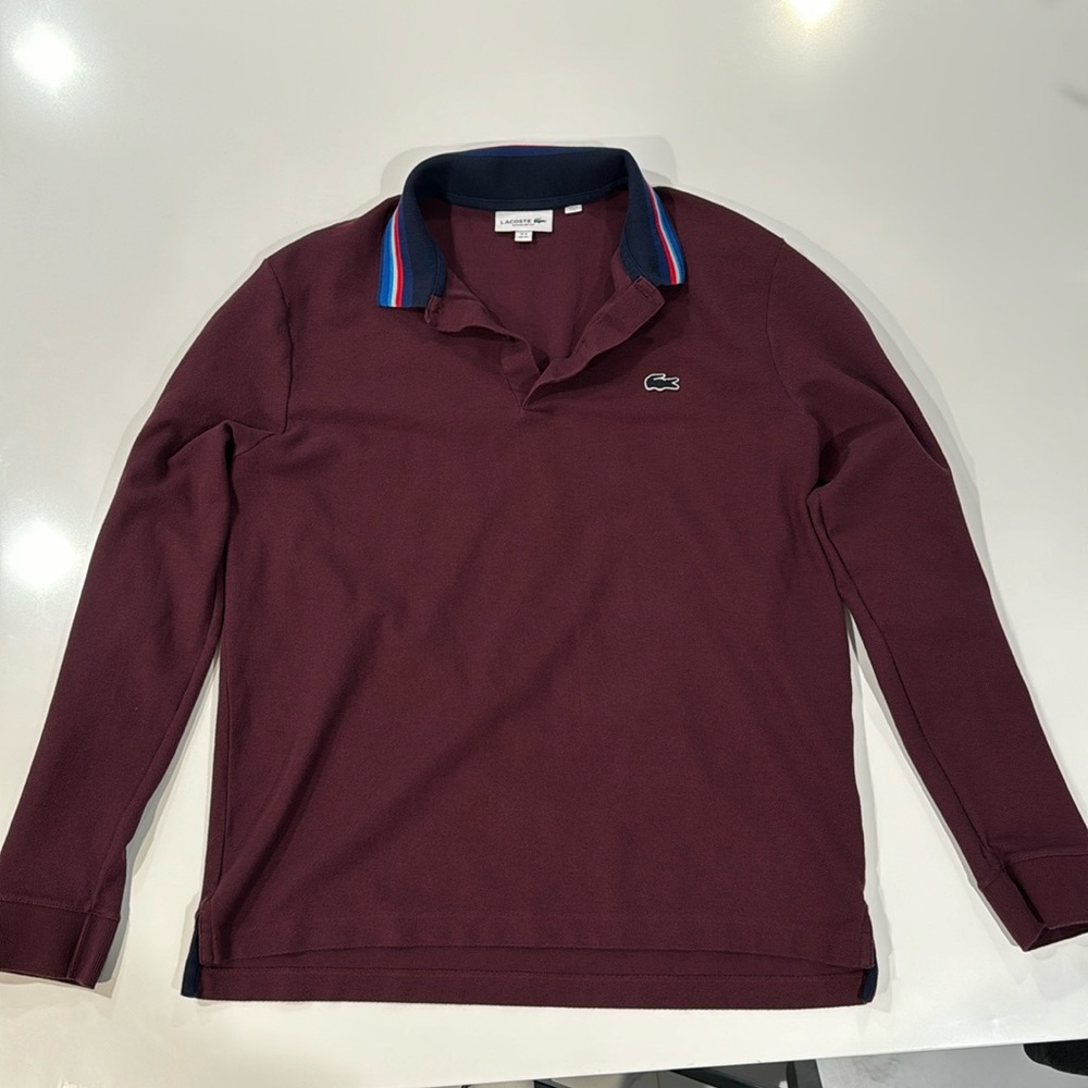 Lacoste Men's Long Sleeve Polo in Burgundy with Navy Trim